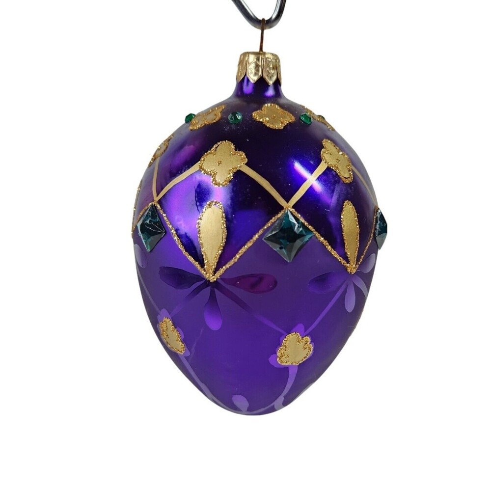 Glass Deep Purple Green Gem Gold Glitter Egg Shaped Ornament Made in Poland